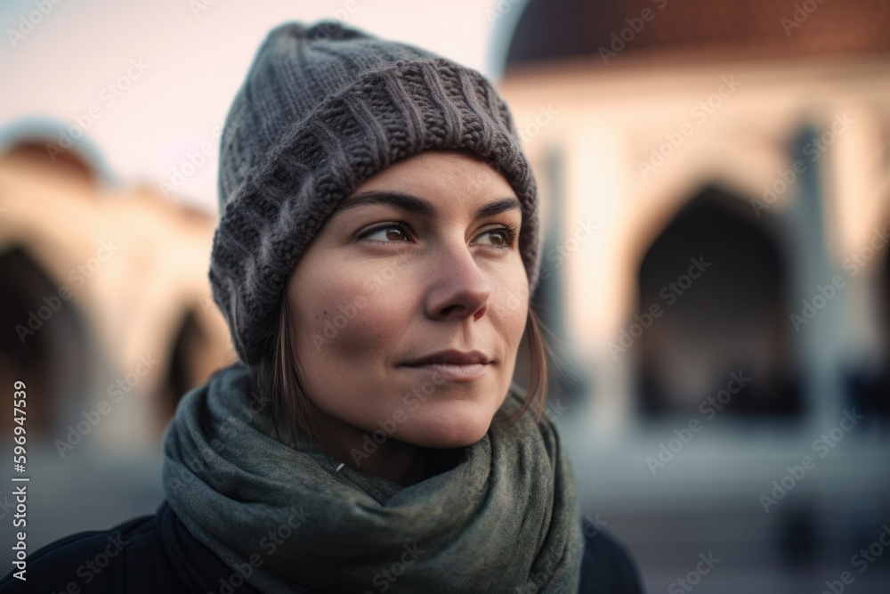Portrait of a beautiful young woman in a knitted hat and scarf in the old city. Portrait of a beautiful young woman in a knitted hat and scarf in the old city.