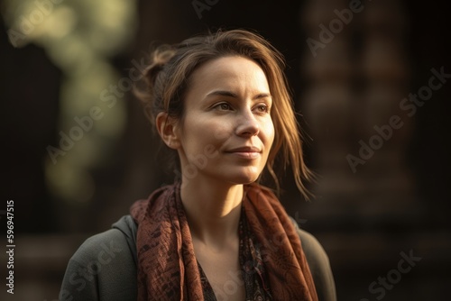 Portrait of a beautiful woman with brown hair and brown scarf in the city.