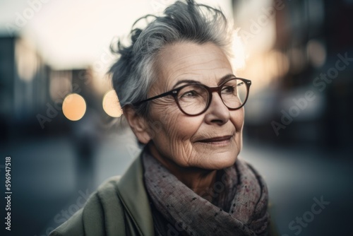 Portrait of a smiling senior woman with eyeglasses in the city