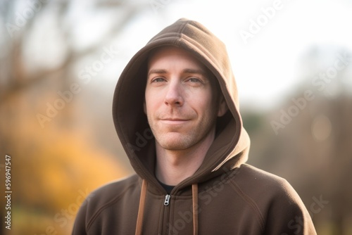 Portrait of a handsome young man wearing a hooded sweatshirt.
