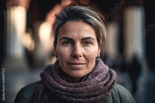 Portrait of a beautiful middle-aged woman with short hair and a scarf.