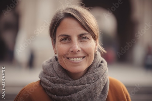 Portrait of a smiling middle-aged woman in the city.