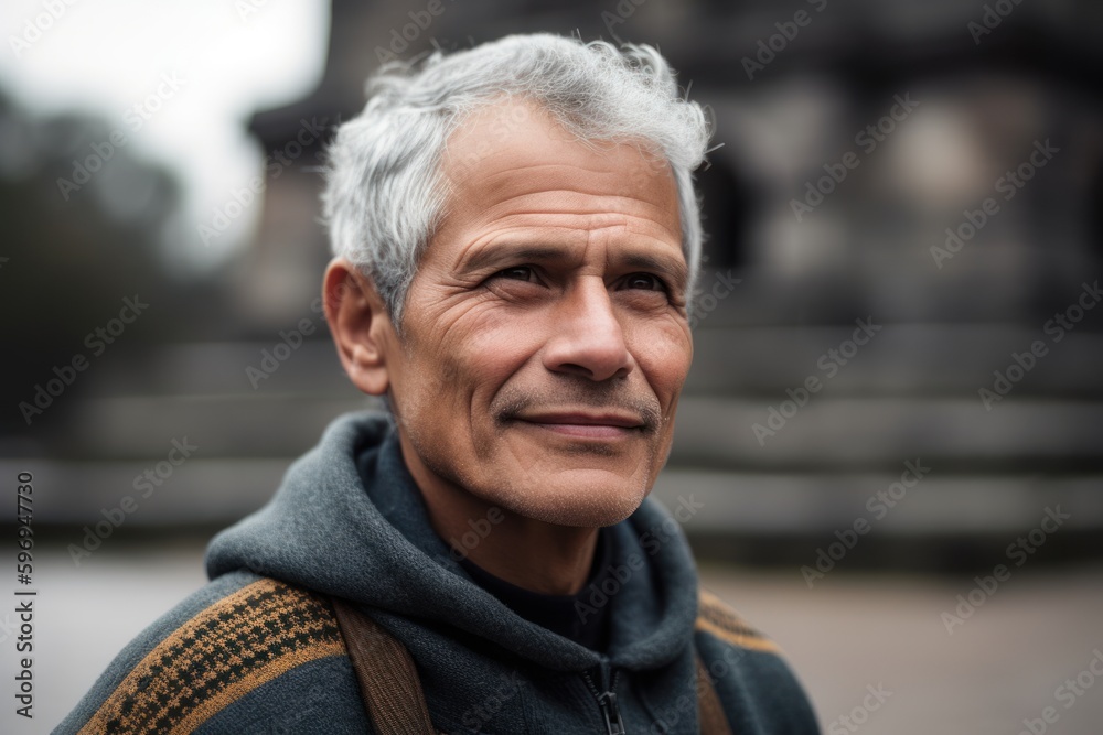 Portrait of senior man with grey hair smiling at camera while standing outdoors