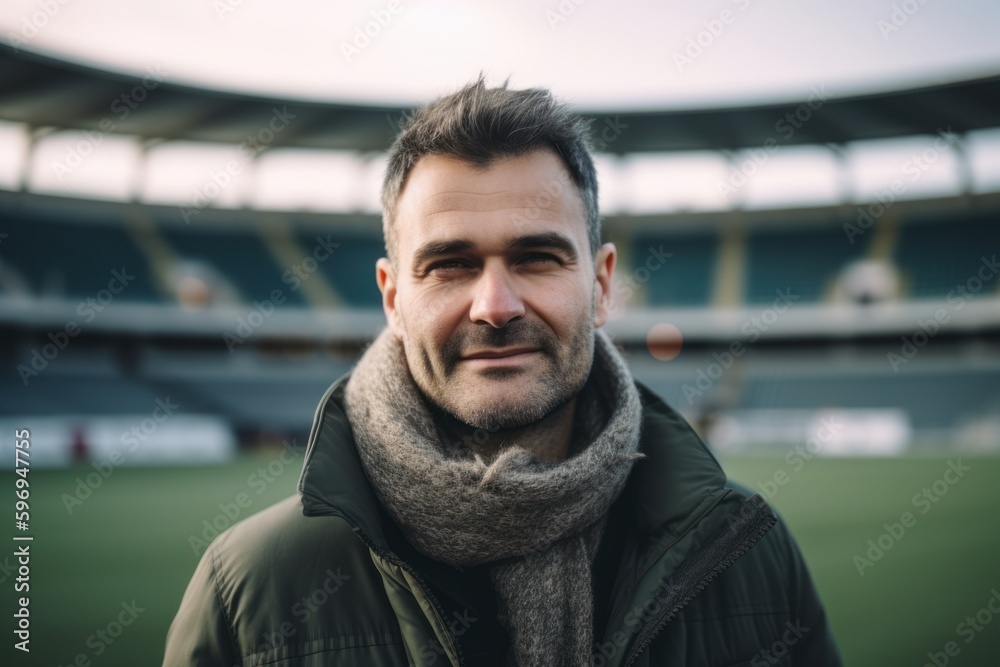 Portrait of a handsome man in a winter jacket and scarf on the background of the stadium Portrait of a handsome man in a winter jacket and scarf on the background of the stadium