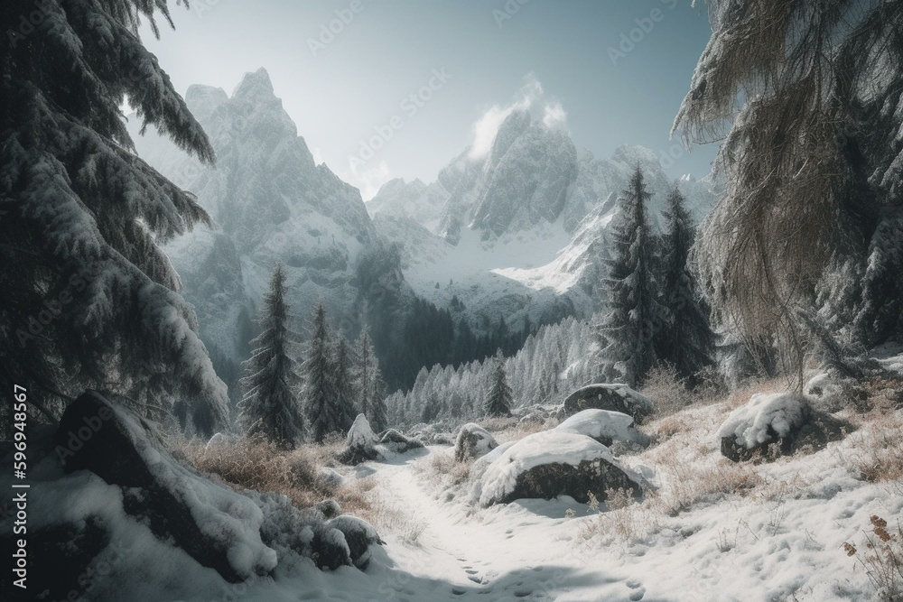 A serene winter mountain scene. Generative AI
