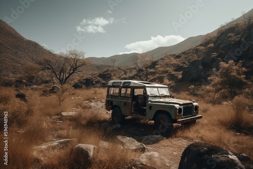 Desolate terrain: Deserted vehicle amidst nature. Generative AI © Euphemia