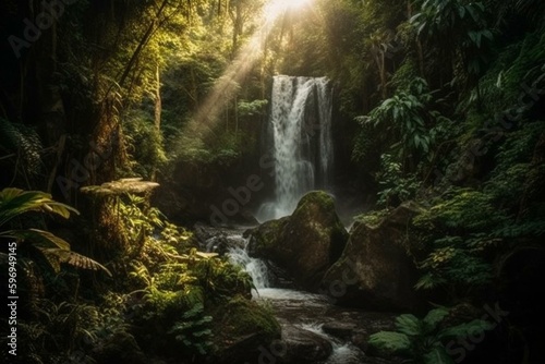 Stunning waterfall surrounded by lush foliage. Generative AI