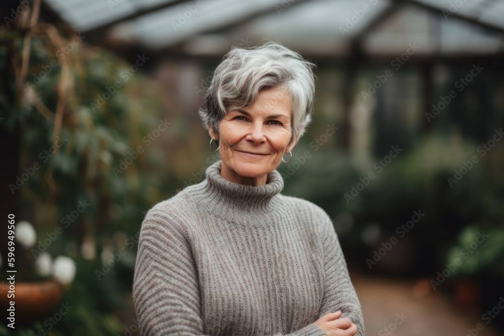 Portrait of a smiling senior woman standing outdoors in the garden. Portrait of a smiling senior woman standing outdoors in the garden.