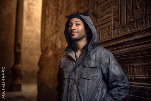 Portrait of a handsome young man wearing raincoat in the old city