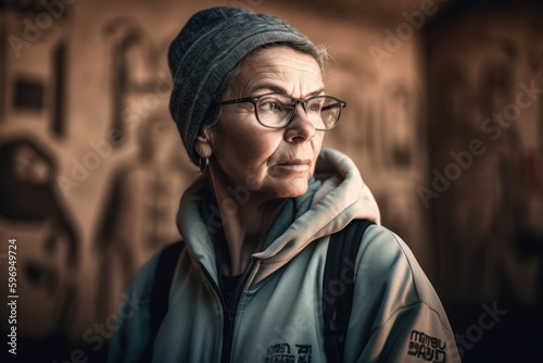 Portrait of an elderly woman in a hat with a backpack and glasses