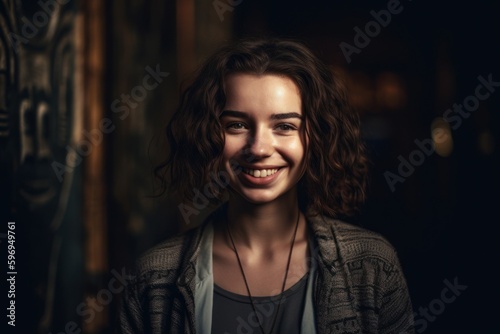 Portrait of a beautiful young woman with curly hair, smiling and looking at the camera.