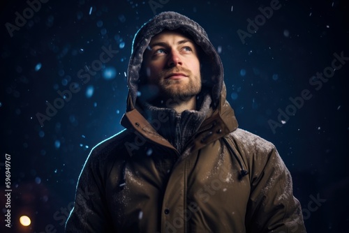 Young man in winter coat with hood standing under falling snow on dark background