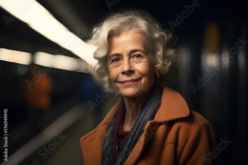 Portrait of an elderly woman in the subway, looking at the camera