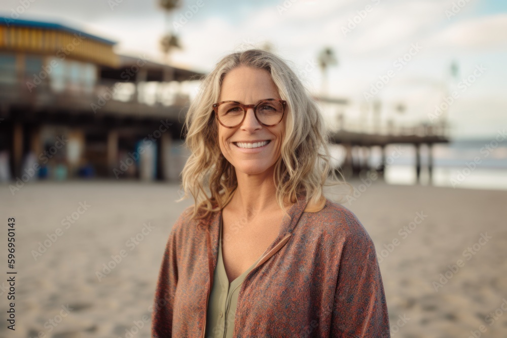 Portrait of beautiful middle aged woman with eyeglasses on the beach