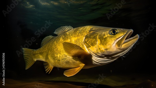 A big golden dorado fish looking over water, with volumetric lighting and meticulous details. Shot in precisionism style with a sharpness and strong facial expression.