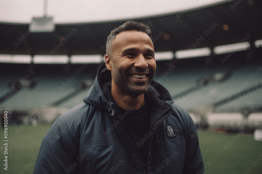 Portrait of handsome young man smiling at camera while standing in stadium Portrait of handsome young man smiling at camera while standing in stadium