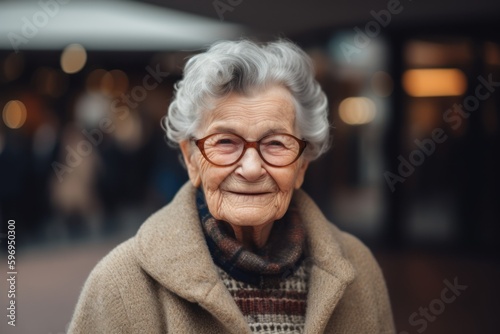Portrait of a smiling senior woman with glasses in the city.