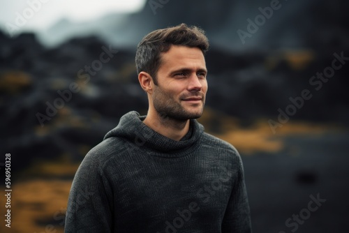 Portrait of handsome young man in black sweater on the background of volcanic landscape