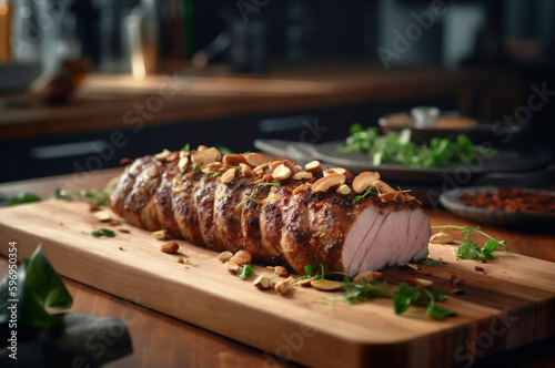 Wallpaper Mural Homemade Roast Pork Tenderloin with roasted potatoes, fine herbs and almonds on cutting board. AI generated Torontodigital.ca