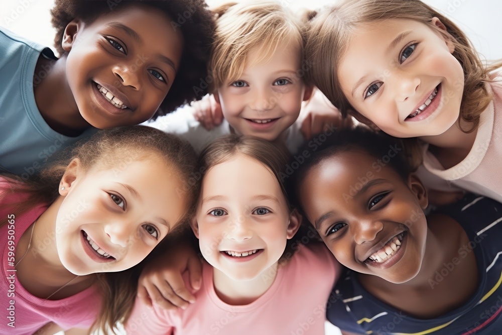 Group of Multiethnic children in a circle looking at the camera,