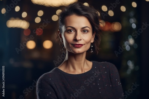 Portrait of a beautiful woman in a black sweater on the background of the night city. © Hanne Bauer