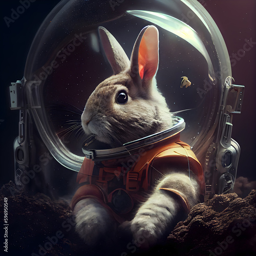 Rabbit in astronaut suit on dark background. Astronaut in space.