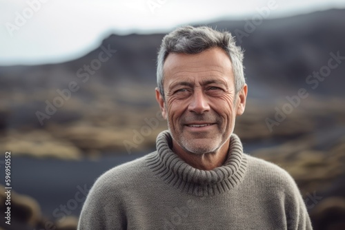 Portrait of smiling mature man standing in the middle of volcanic landscape