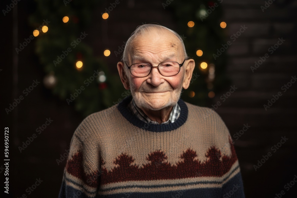 Portrait of an elderly man in a sweater on a background of a Christmas tree Portrait of an elderly man in a sweater on a background of a Christmas tree