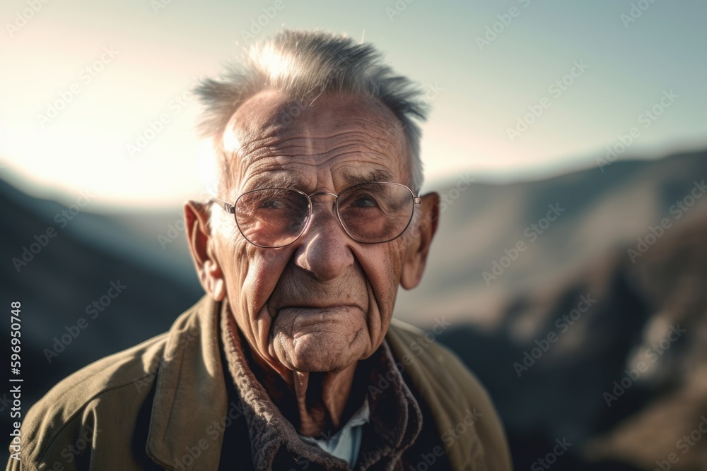Portrait of an elderly man with glasses against the background of mountains Portrait of an elderly man with glasses against the background of mountains
