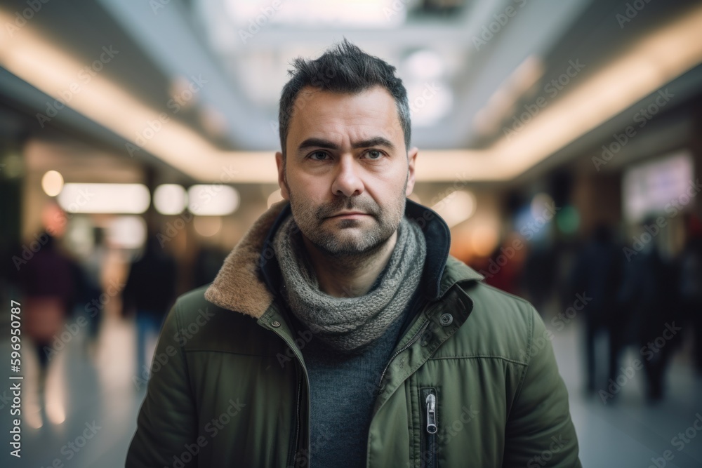 Obraz premium Portrait of a man in a coat and scarf in a shopping center