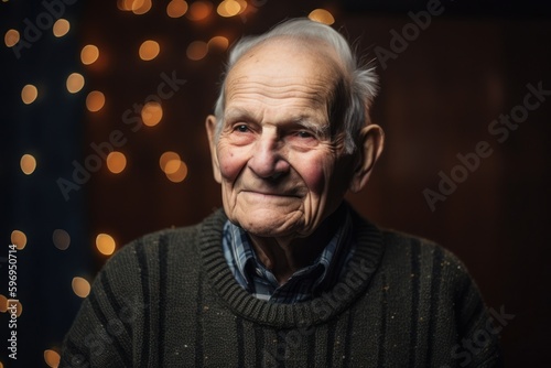 Portrait of a smiling senior man on christmas lights background.