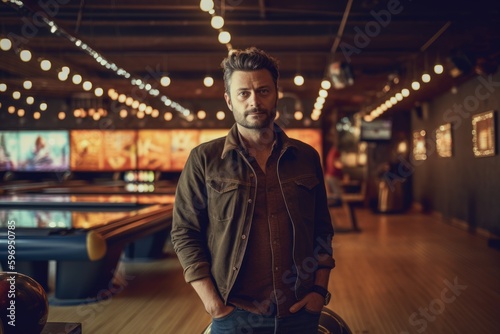 Full-length portrait photography of a satisfied man in his 30s wearing a cozy sweater against a bowling alley or retro sports background. Generative AI