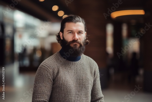 Group portrait photography of a satisfied man in his 30s wearing a cozy sweater against a shopping mall or retail background. Generative AI