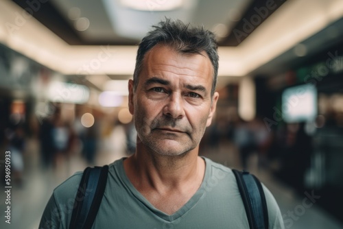 Portrait of mature man with backpack looking at camera in shopping mall