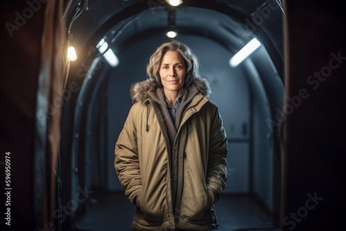 Portrait of a middle aged woman in a tunnel with lights.