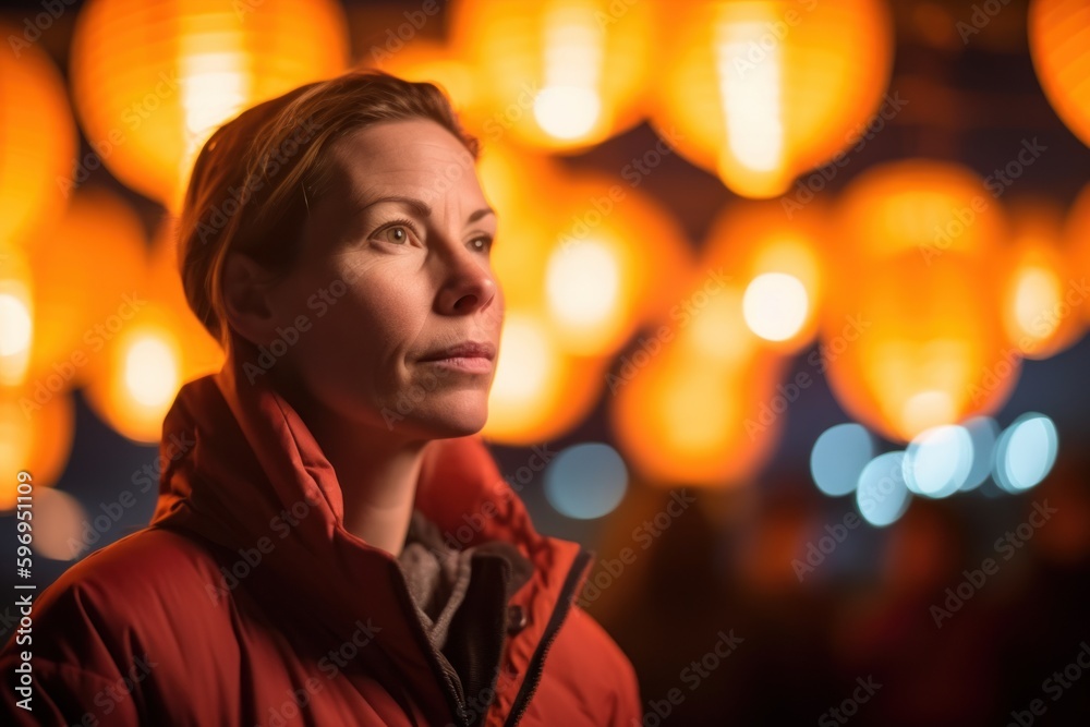 Portrait of a woman in a red jacket against the background of lanterns.