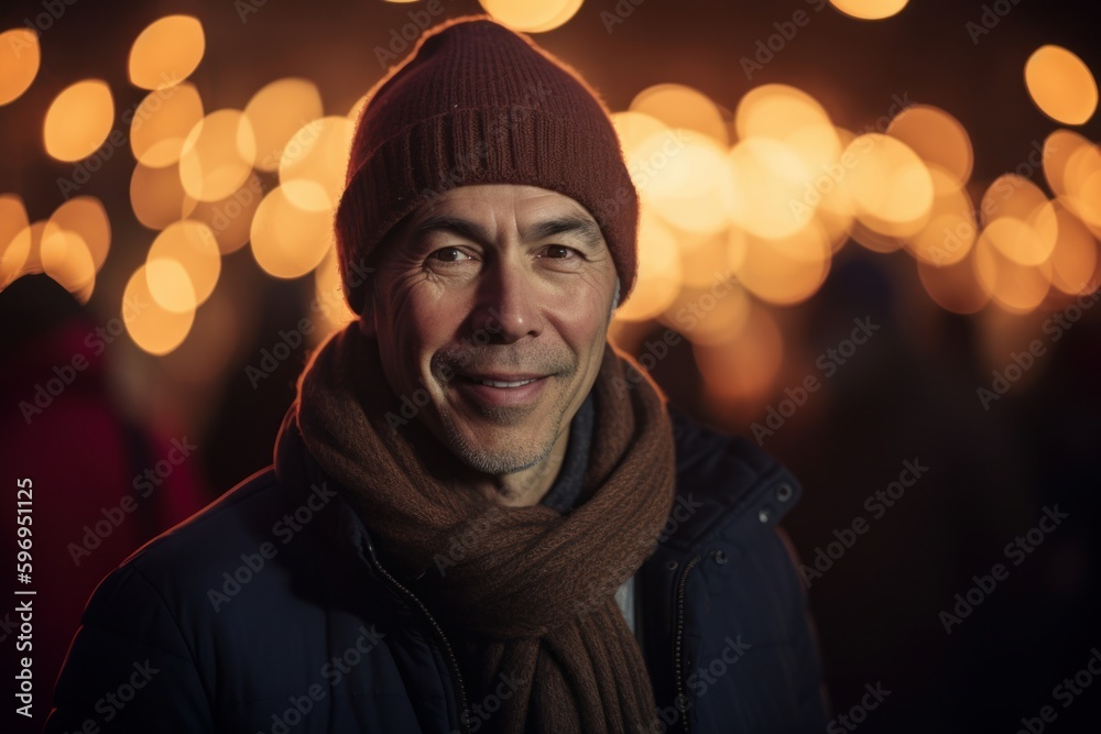 Portrait of a smiling man in a hat and scarf at Christmas market Portrait of a smiling man in a hat and scarf at Christmas market