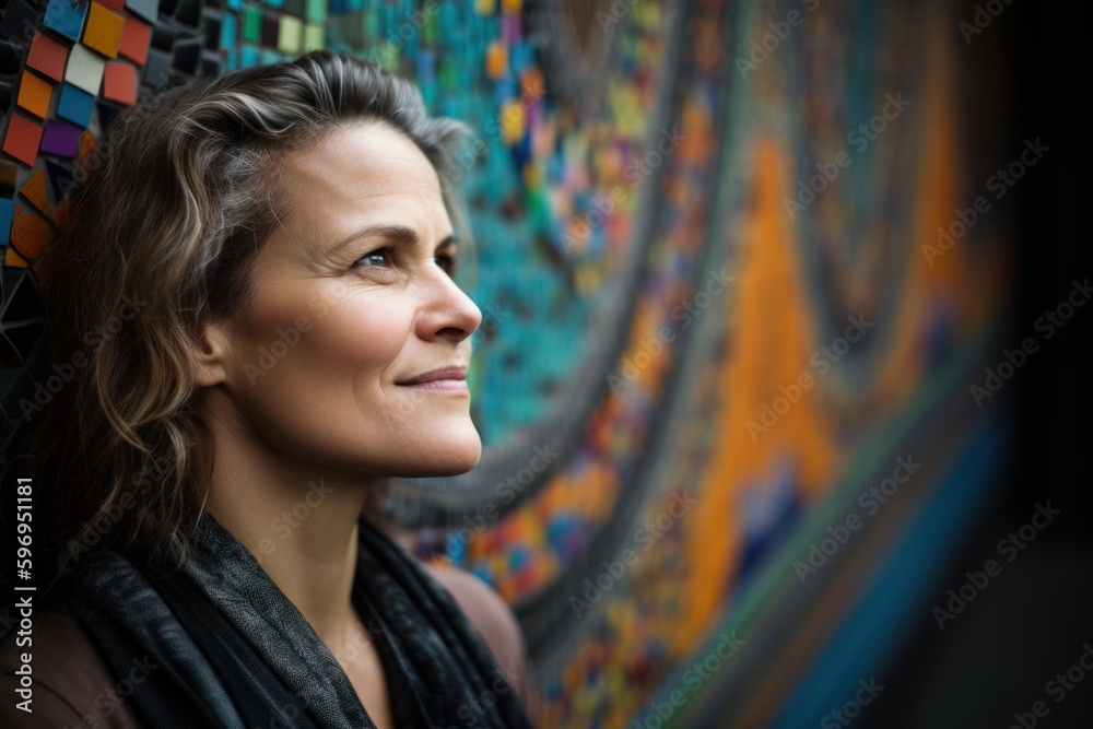 Portrait of smiling woman looking away in corridor with mosaic wall in background