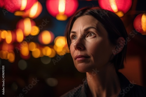 Portrait of a beautiful woman in a dark room with Chinese lanterns