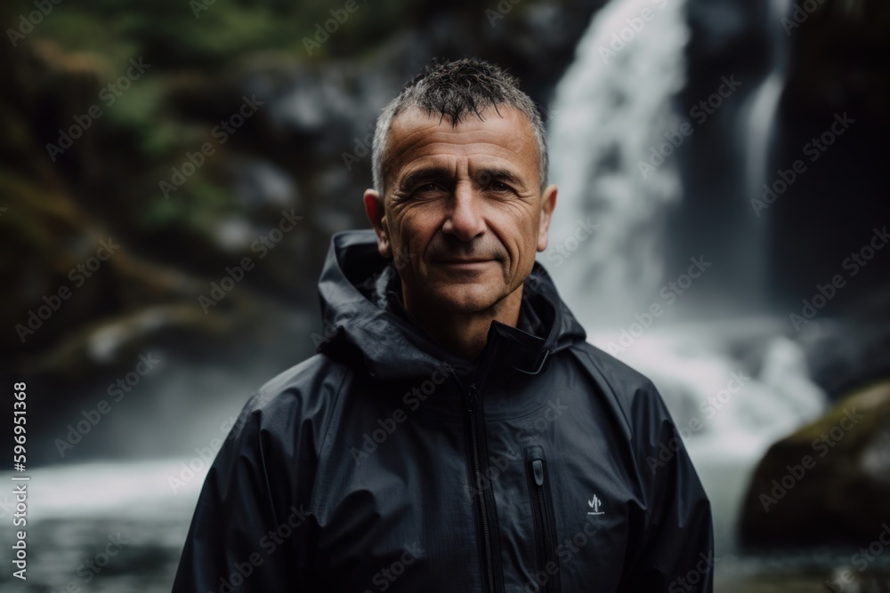 Portrait of a handsome middle-aged man in a raincoat with a waterfall in the background Portrait of a handsome middle-aged man in a raincoat with a waterfall in the background