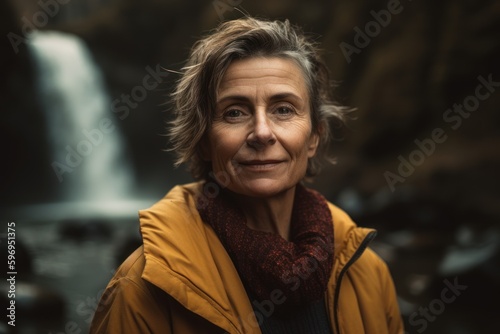 Portrait of a beautiful senior woman with a waterfall in the background