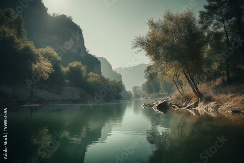 Tranquil scenery with peaceful atmosphere. Generative AI © Azeneth