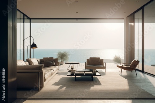 A contemporary living room featuring a sofa and a stunning ocean vista. Generative AI