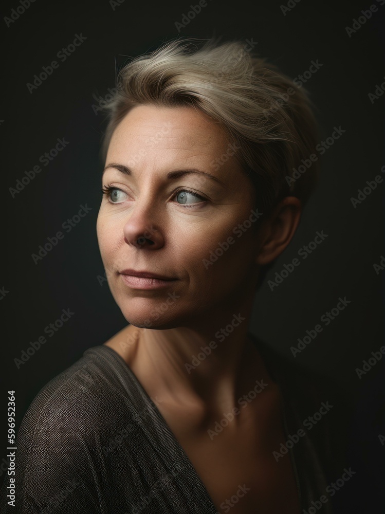 Portrait of a young woman with short blond hair on a dark background Portrait of a young woman with short blond hair on a dark background