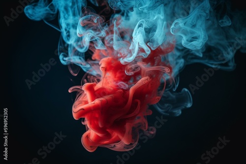 Red and blue smoke cloud with red light on blue background and blue sky. Generative AI