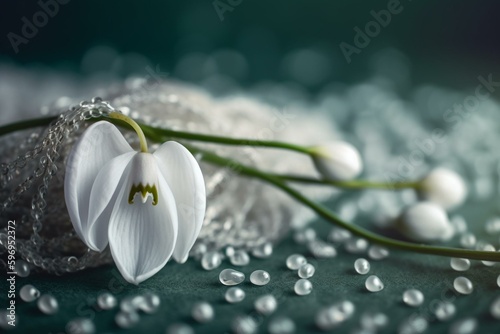 Festive snowdrop and heart decorative background for March 1 Martenitsa or Baba Marta, with copy space. Generative AI photo