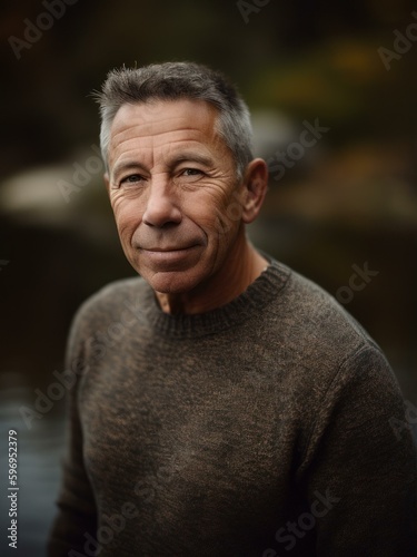 Portrait of a senior man standing by the river in autumn.