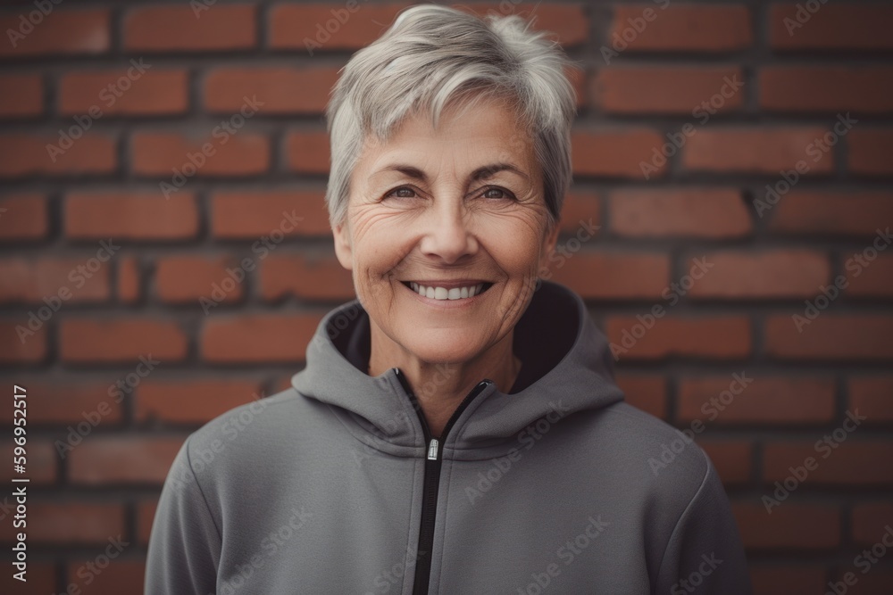 Portrait of a smiling senior woman in hoodie against brick wall Portrait of a smiling senior woman in hoodie against brick wall