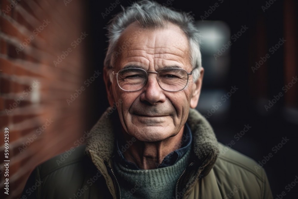 Portrait of senior man with eyeglasses against brick wall. Portrait of senior man with eyeglasses against brick wall.