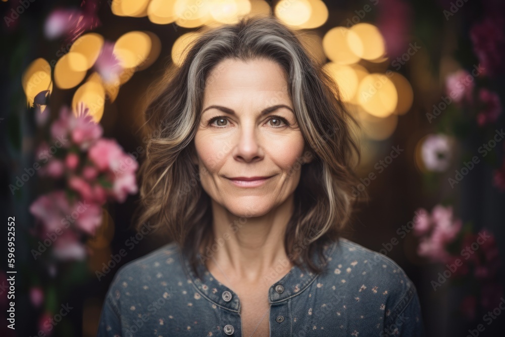 Portrait of a beautiful middle-aged woman with flowers in the background